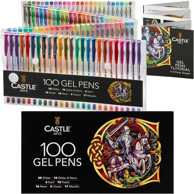 Castle Art Supplies Set de 100 Stylos Gel pour Adultes | Boîte Premium | Dessin, Scrapbooking, Journaux | Couleurs, Effets Super