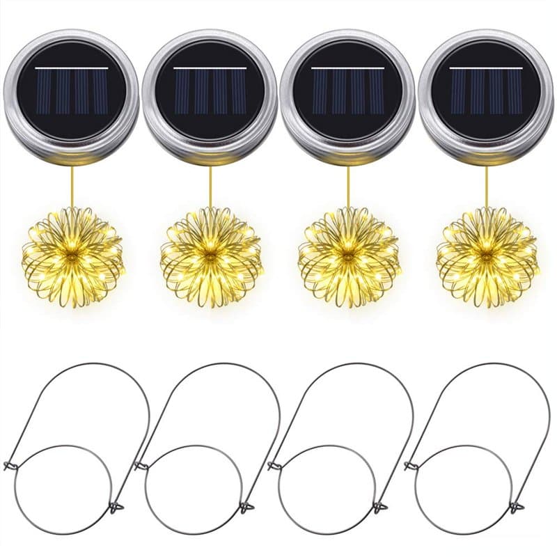 Lumières solaires pour pots Mason, PChero 4 pièces Couvercles de pots Mason avec guirlandes lumineuses à 20 LED pour décorations