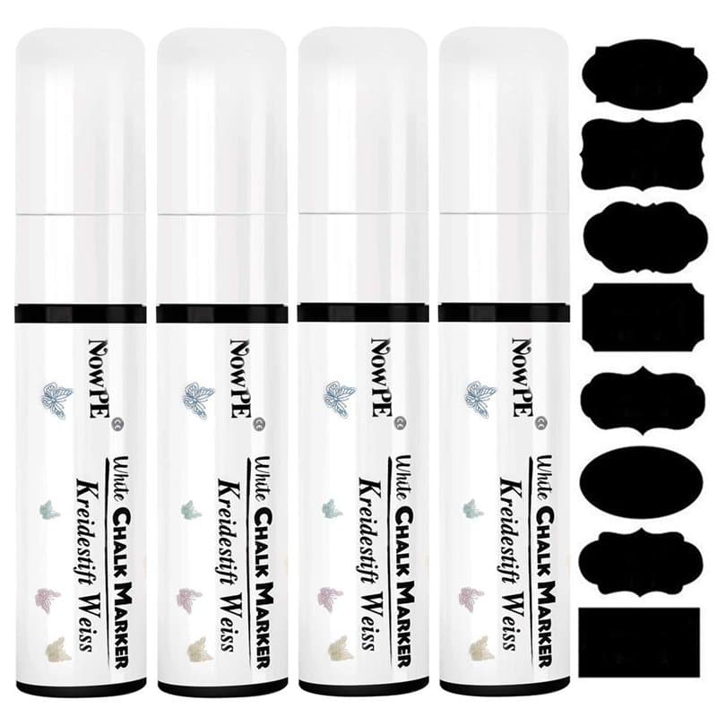 NowPE Feutre Craie Blanc, Marqueurs Craie 15mm, Effacable avec Chiffon Humide ou Sec, Grande Pointe pour Tableau Noir, Mur, Fenê
