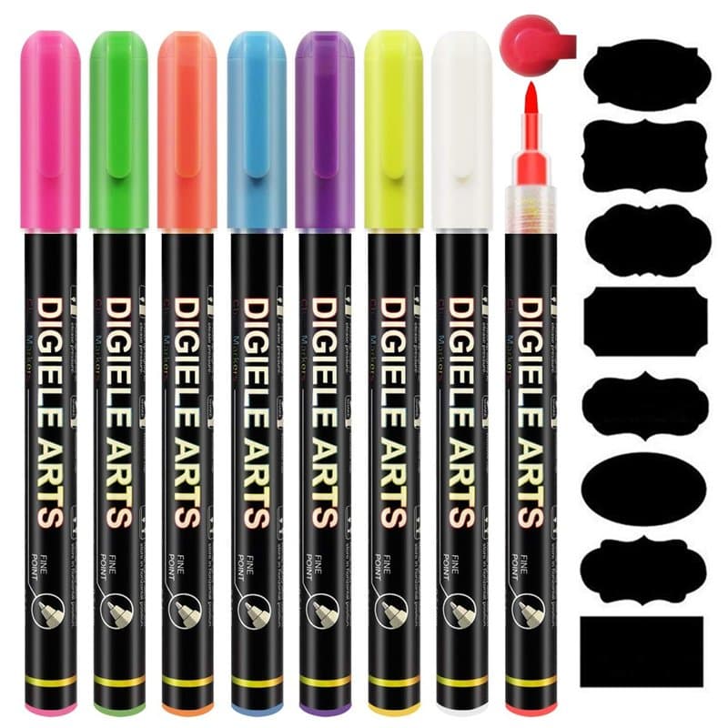 DIGIELE Marqueur Craie Effacable, Craie Feutre Liquide 8 Couleurs, 0.7-1mm Pointe Fine, Séché ou Mouillé Effaçable pour Tableau