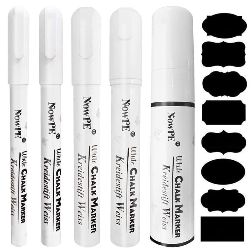 Feutre Craie Blanc, NowPE Marqueur Craies 1mm, 3mm, 6mm, 10mm et 15mm pour Tableau Noir, Verre et Fenêtres, Humide ou Sec Effaca