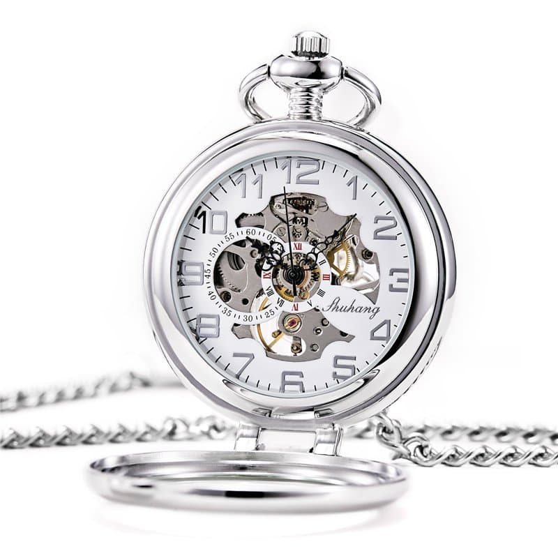 TREEWETO Montre de Poche Mécanique Steampunk pour Homme et Femme, Cadran Squelette Argenté avec Chaîne + Boîte, Argenté, Rétro