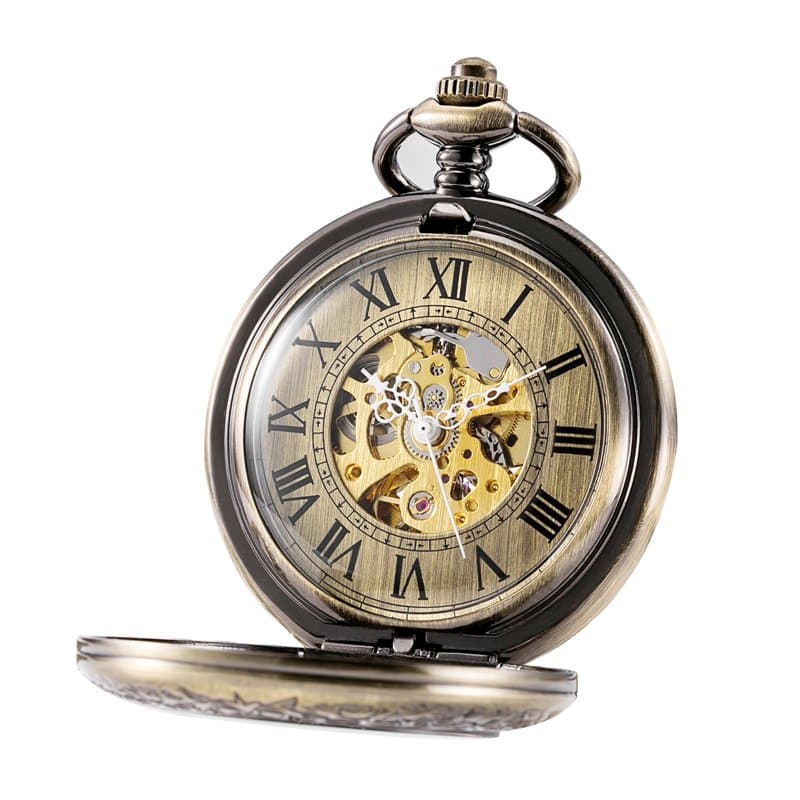 TREEWETO Montre de Poche Automatique Mécanique pour Homme Garçon, Romains Squelette Montre de Poche Mécanique Bronze, Montre de