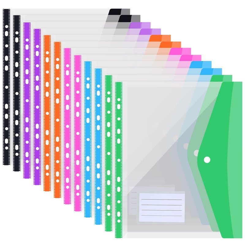 Lot de 12 Pochette Plastique A4,Pochettes Perforées Extensibles, Porte-Documents Avec Fermeture à Pression,6 Couleurs