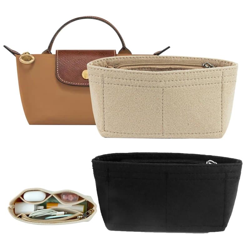 gexuamz 2Pcs Organisateur en Feltre pour Sacs Mini, Compatible avec Longchamp, avec Plusieurs Poches, Noir et Beige, 17 x 5 x 8