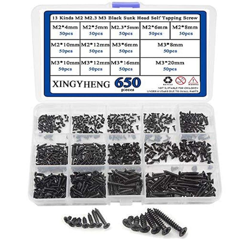 BGTXINGI Assortiment de 650 vis autotaraudeuses à tête bombée M2 M2.3 M3 13 types de vis autotaraudeuses à tête bombée noire en