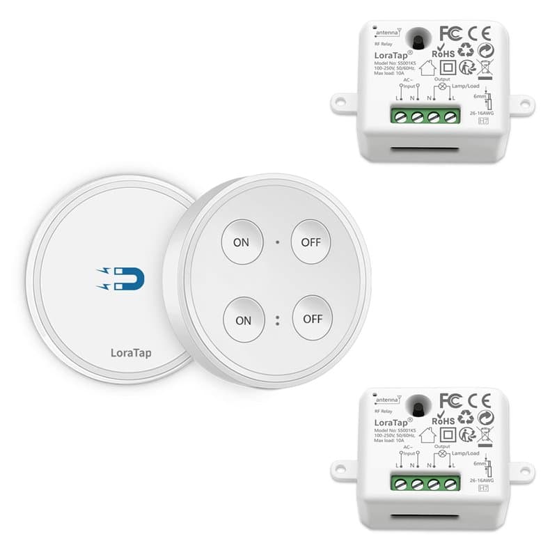 LoraTap Kit Interrupteur Sans Fil, 1 Télécommande + 2 Récepteurs, Portée 200M, Récepteur 2500W, Emetteur Radio 868Mhz, 10 ans Au
