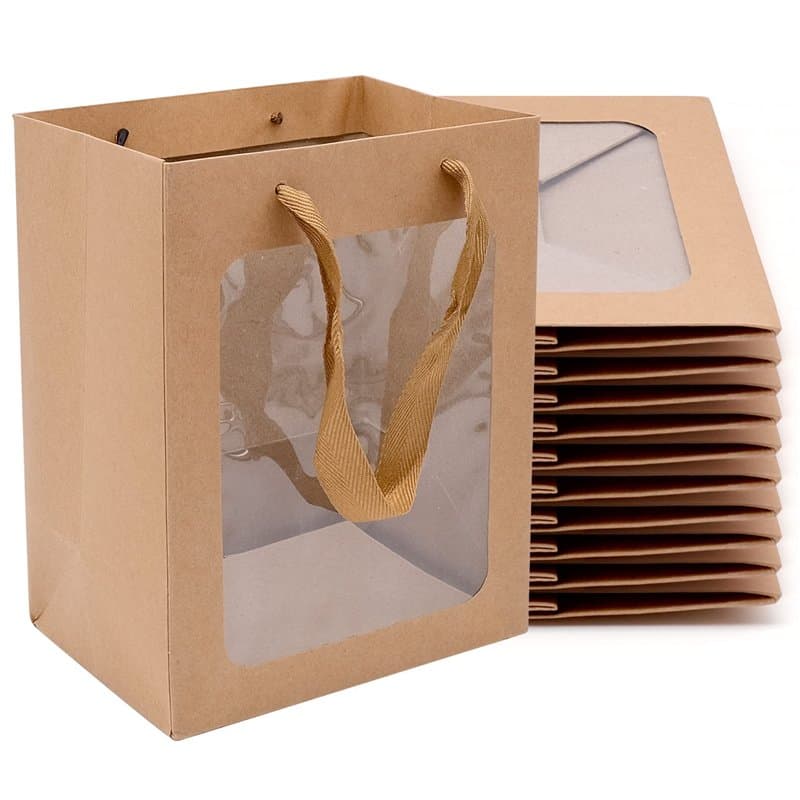 YHSKJCD 10 Pièces Sac en Papier Sac kraft, Boîte de Cadeau en Papier Kraft, Sacs Cadeaux Avec Poignées, Sac Cadeau avec Fenêtre