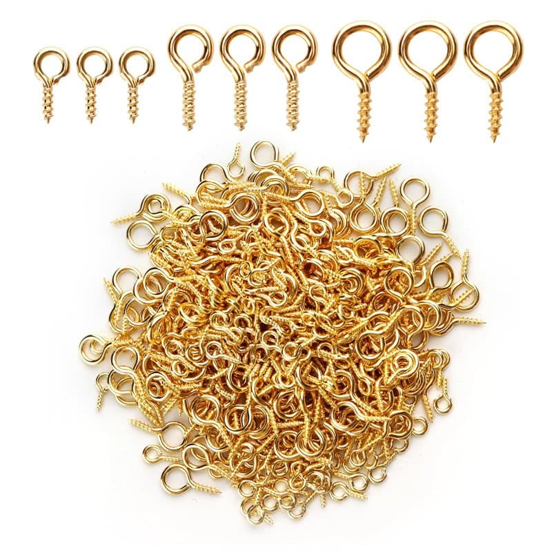 BigKego Lot de 600 petites vis à œillets en métal doré pour la fabrication de bijoux, bricolage, artisanat, 3 tailles 8, 10, 12