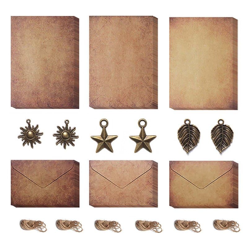 Ensemble de Enveloppes de Papier,12 Papier à Lettre A5 6 Enveloppes Retro 6 Pendentif en Métal 6 Corde de Jute Papier à Lettre V