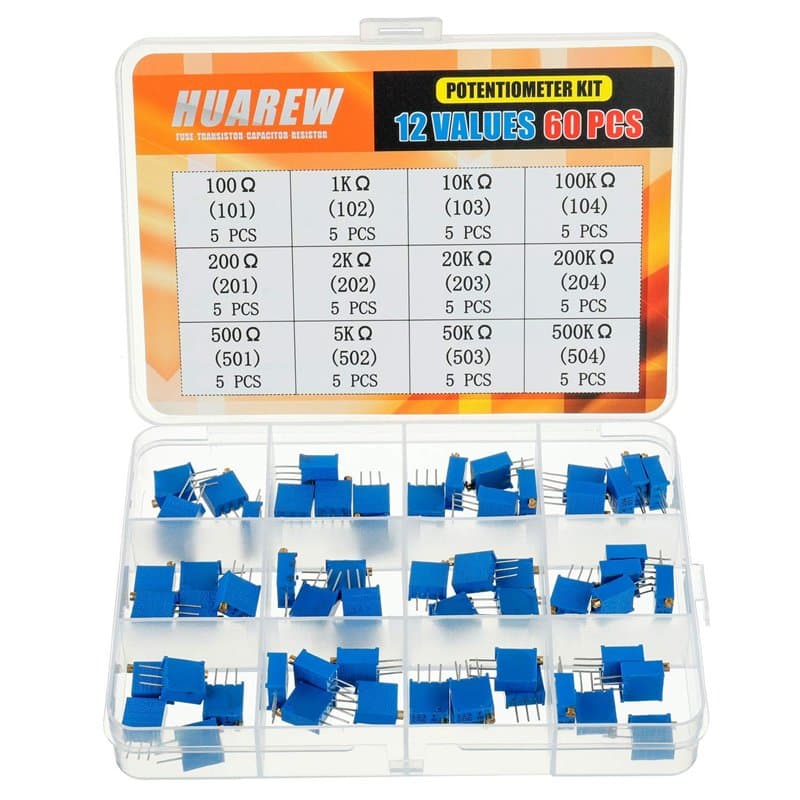 HUAREW 12 valeurs 60 pièces 3296W potentiomètre de tondeuse multitours 100-500 K Ohm bleu 3296 Kit de classification de résistan
