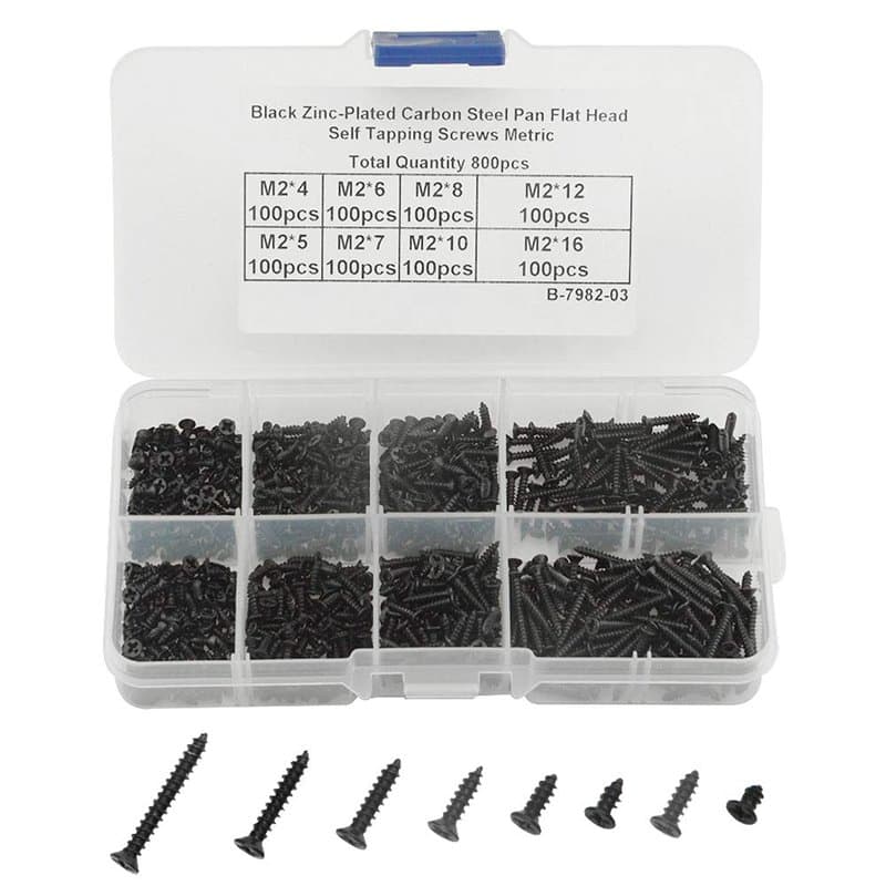 WMYCONGCONG Assortiment de 800 vis auto-taraudeuses M2 Philips à tête plate en acier au carbone avec boîte (noir)