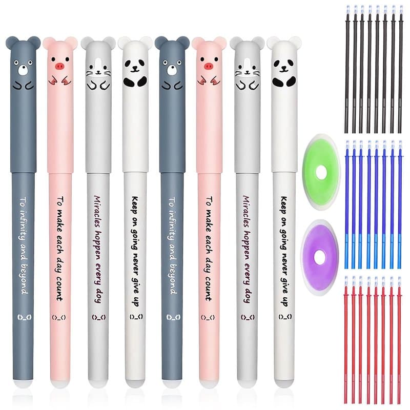 Stylos Encre Gel Effaçable|, 8pcs Stylo Effacable Animaux Stylo Kawaii avec 24 Recharges Stylos Effaçables + 2 Gommes pour Burea