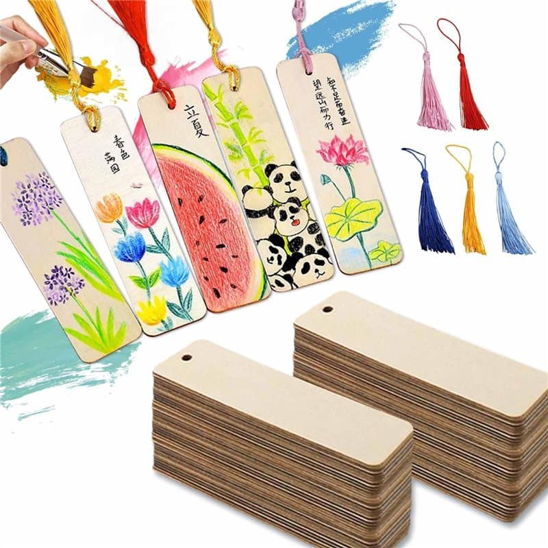 50 Pièces Vierge De Marque Page Bois Avec Gland,50 Pièces Marque Page En Bois Vierges,5 Couleurs Différentes Gland,10 Pièces De