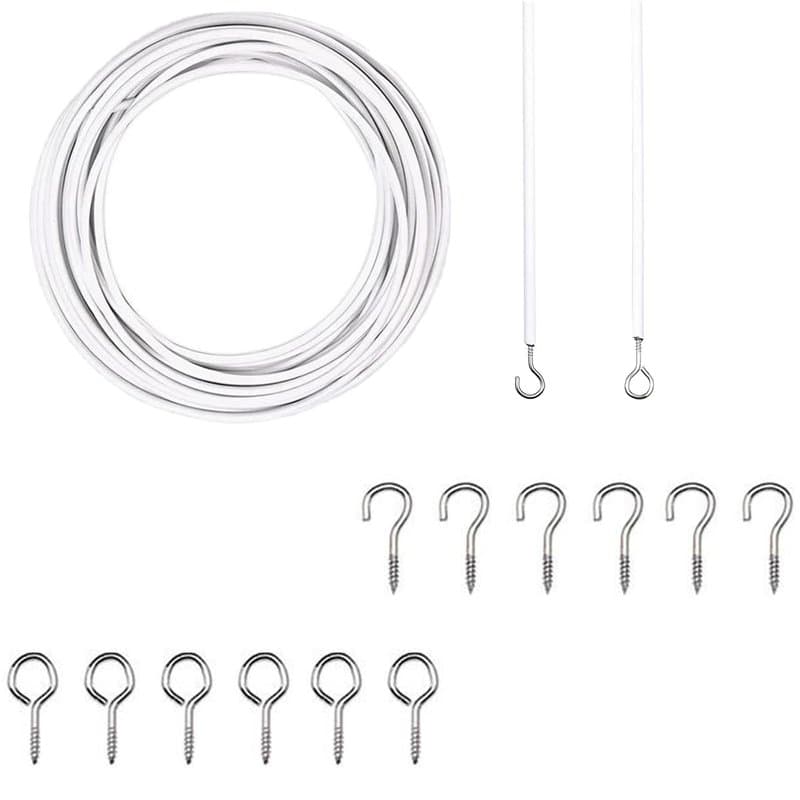 10M Cable Rideau, Cable pour Rideaux, Blanc Fil de Rideau avec 25 Pièces Boulons à Oeil 25 Pièces Crochets à Visser, Cable Ridea