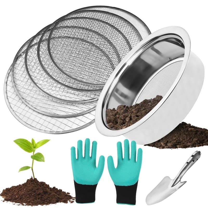 MEYAGOT Tamis De Jardin Rond 25cm Tamis De Jardin en Acier Inoxydable, 5en1 Tamis Jardin avec 5 Tamis Interchangeables Ø 1,3,6,9