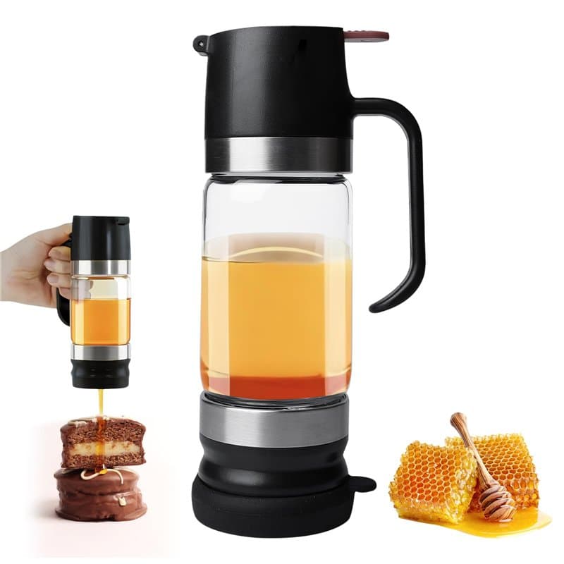 GOEDCH Distributeur de Miel en Verre Borosilicate 300 ml: pot à miel anti-goutte avec poignée et technologie anti-retour, pot à