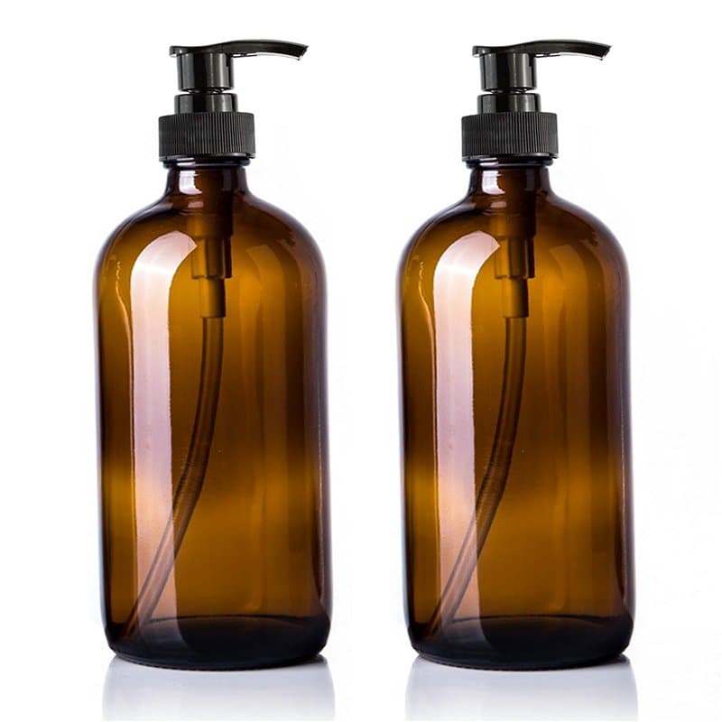DRERIO Flacon Pompe Ambré Verre Lot de 2 Bouteille Verre 500ml avec 4 Salle de Bain ÉTiquettes, Distributeur pour Shampoing, Liq