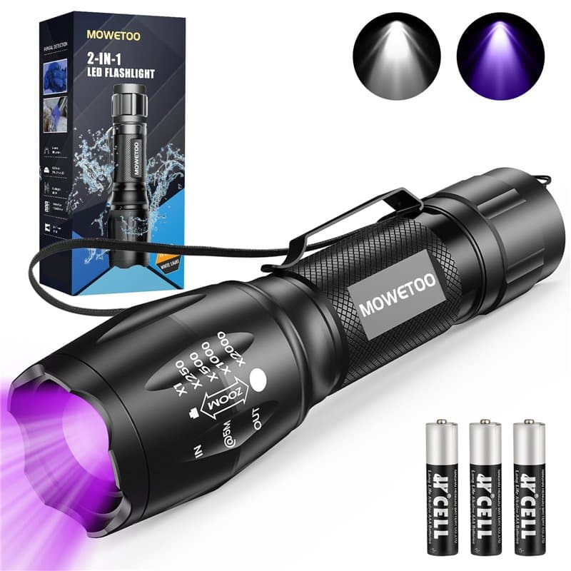 MOWETOO Lampe Torche, UV 2 En 1 UV Lumière, 395nm Ultraviolette 4 Modes, Détecteur Pour Billets De Banque Contrefaits, Urine De