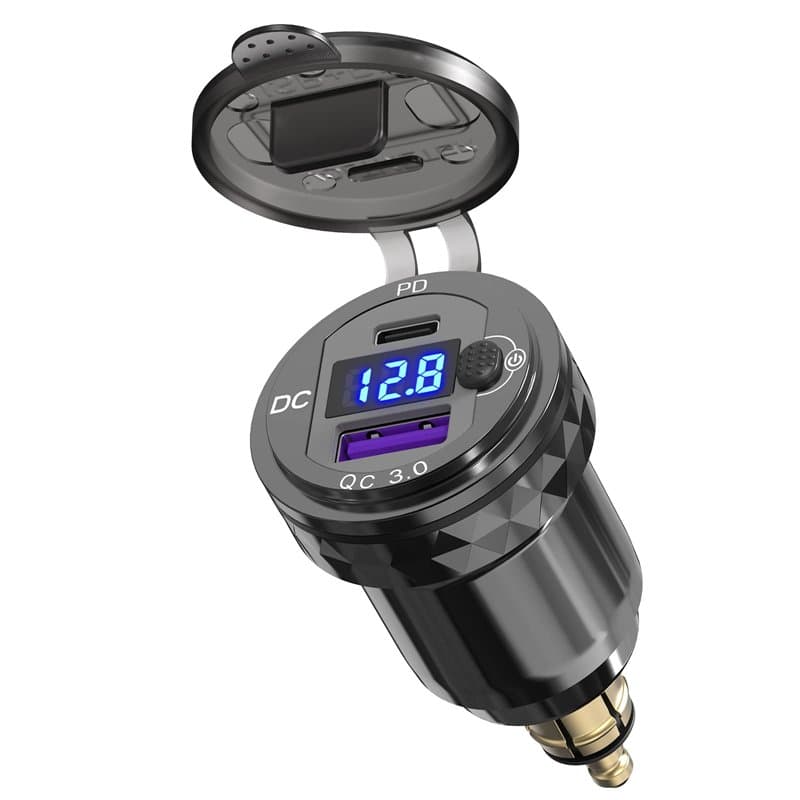 Prise USB DIN Chargeur Rapide de Moto,Qidoe Double Port QC3.0 et USB C Adaptateur Din Hella vers USB avec LED Bleue pour Moto BM