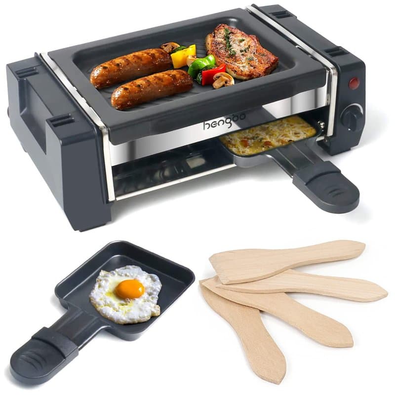 Appareil Raclette 2 personnes Mini Grill Raclette avec 2 Poêlons à Raclette et 4 Grattoirs en Bois, Thermostat réglable, Revêtem