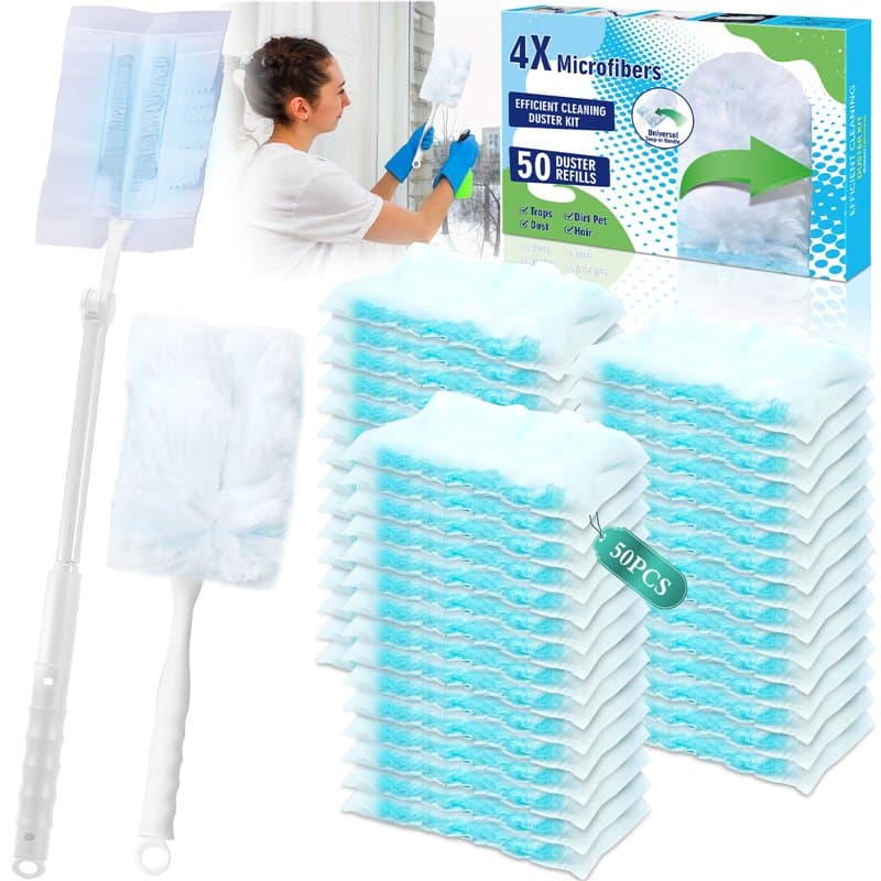 BBLTIFF 50 Pièces Plumeau Poussiere Kit avec 1 Poignée et 1 Perche Télescopique, Duster Recharges Dépoussiérantes, Recharges Dus