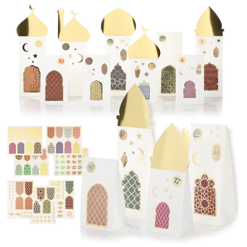 CraftWerk Calendrier du Ramadan à remplir, 30 sacs cadeaux avec autocollants et toits à poser et à décorer, kit de bricolage pou
