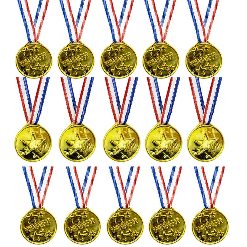 Lot de 15 médailles dorées gagnantes - Médailles olympiques - En plastique - Pour anniversaire d'enfant - Pour fête d'anniversai