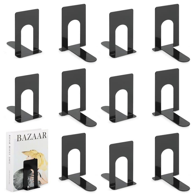 TOSAVGA 6 Paires(12 Pcs) Serre Livre, Serre Livres en Métal, Noir Cale Livre, 70 x 100 x 130 mm Serre-Livres, Cale Livre pour Bu