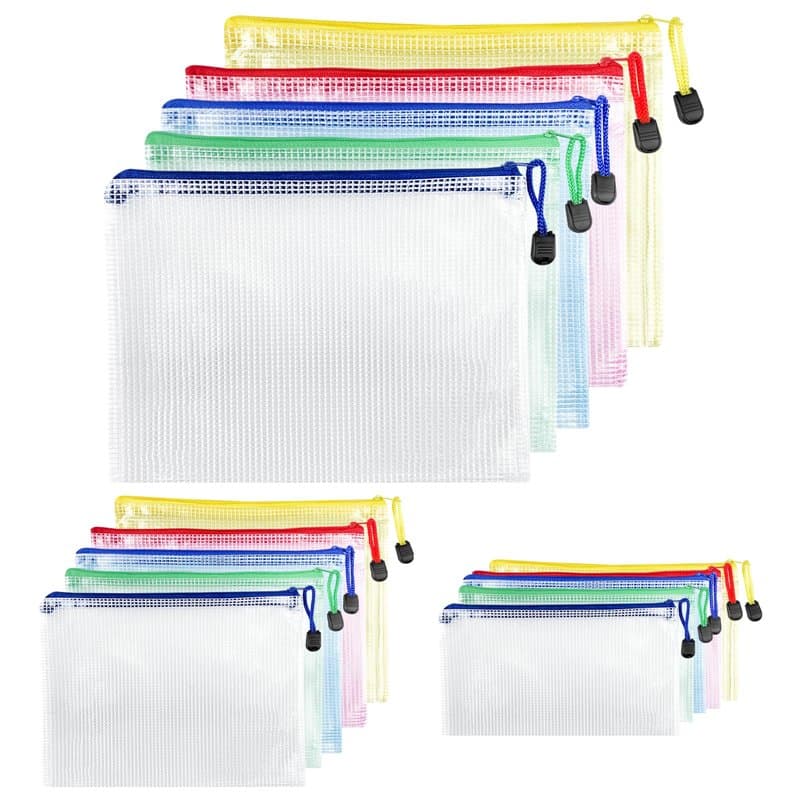 Brevanza 15 Pièces Pochette Document Zippée A4+A5+A6, PVC Mesh Zipper Pouch Etanche, Document Dossier Pochette 5 Couleurs, Chemi