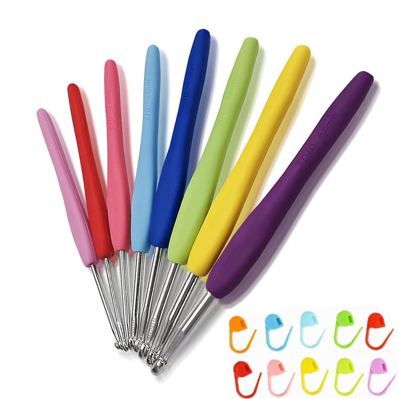 XIAOMAOMAO - Lot de 8 crochets en aluminium, kit d’outils pour aiguilles à tricoter, crochet ergonomique, poignée souple, aiguil