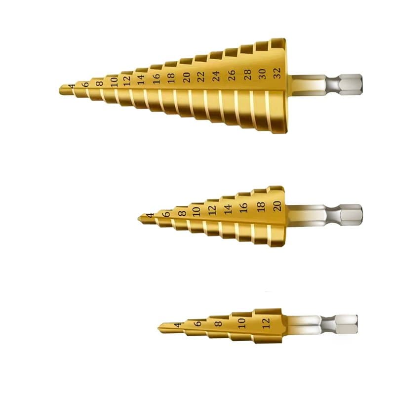 3PCS Foret Fraise Meche Etage, Triangle Conique Titane Foret Fraise, 4-12/20/32 mm, HSS Inox Metal, Pour Visseuse Percage sur Ac