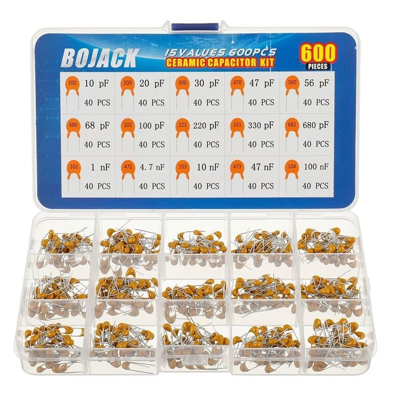BOJACK 15 valeurs 600 pièces haute qualité en céramique condensateurs Kit d'assortiment de Capacité de 10 pf à 100 nF Emballer d