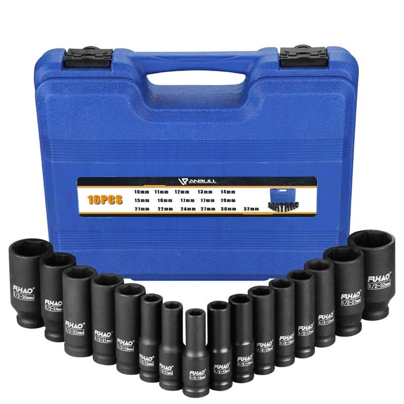 Anbull Douille a choc,Douille longue, Douille cle a choc 1/2 pouce 16 pièces, soket set 10 mm-32 mm, matériau CR-V