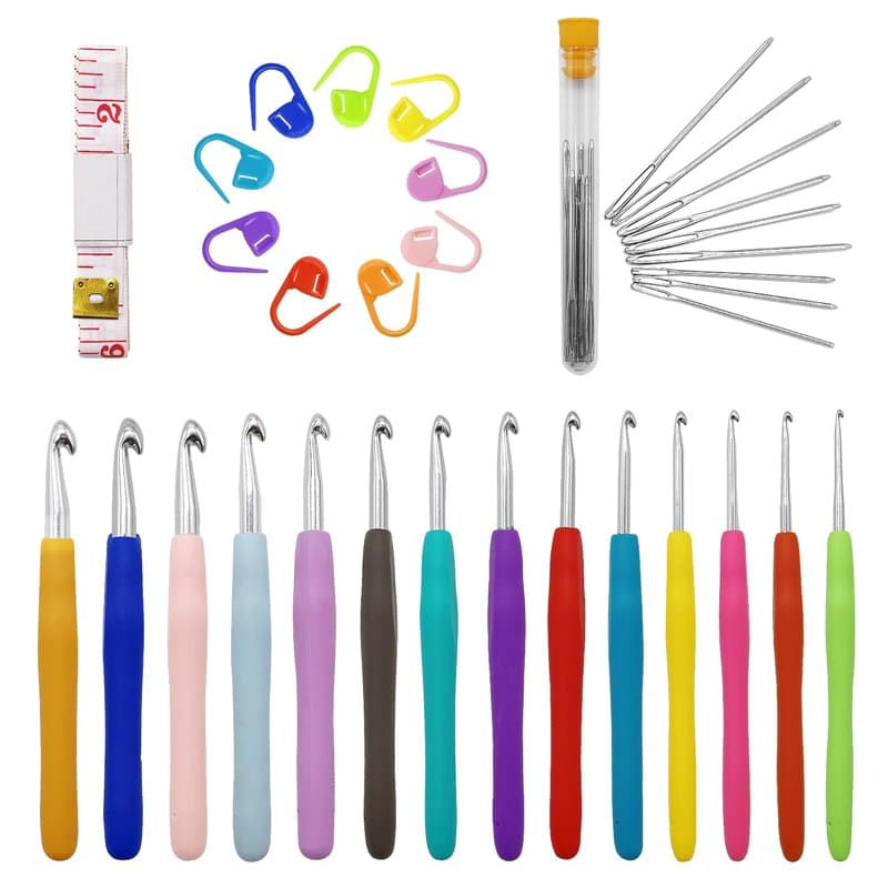Lot de 14 crochets de taille complète pour débutants, avec accessoires de crochet, ergonomiques, en caoutchouc souple, 2 à 10 mm