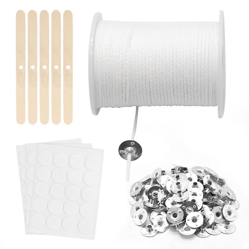 Lot de 100 Mèches de Bougie en Coton Tressé - Plate, Sans Fumée, Sans Odeur - Avec 100 Supports - Pour Fabrication de Bougies DI