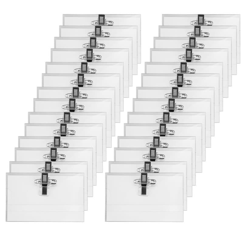 Lot de 100 badges nominatifs, 90 x 56 mm, en plastique transparent, pour vêtements, clip, cartes de visite, porte-nom, avec clip