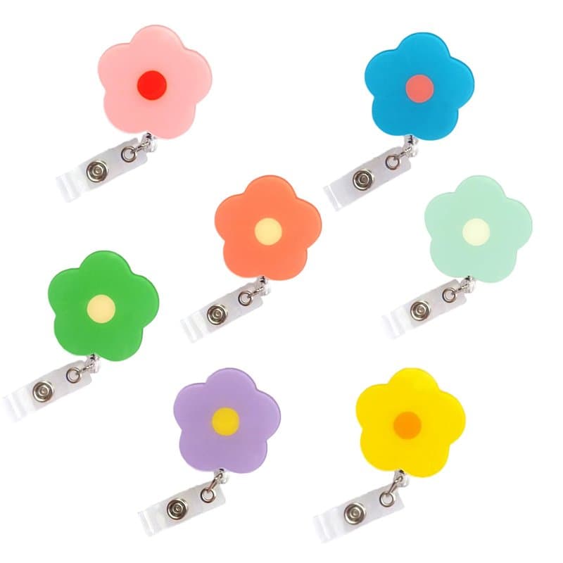 Lot de 7 Porte Badge Enrouleur à Fleurs,Jolis Porte Badges Rétractables Avec Clip Identification Robuste,Accessoires Colorés pou