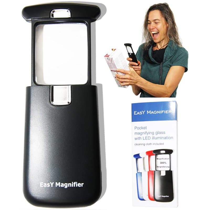 EasY Magnifier Petite Loupe de Lecture Poche 3.0X avec Lumière LED; Mini Loupe Eclairante Frontale pour Malvoyant, Lentille Loup