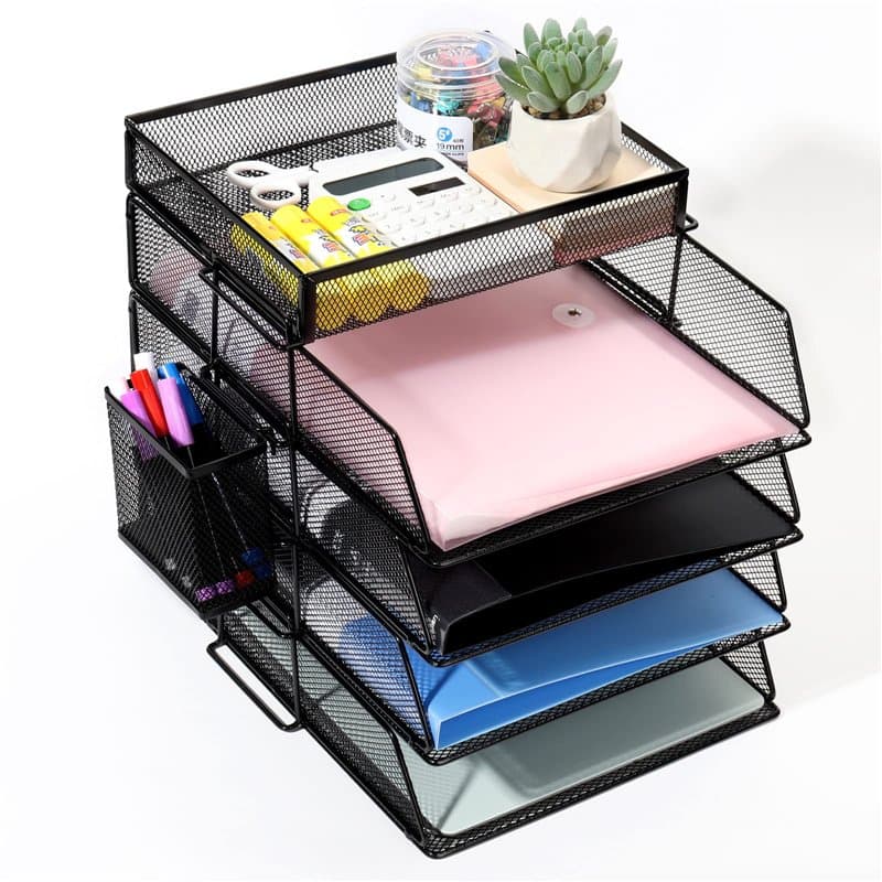 Cinnani Bac à lettres empilable avec porte-stylos en métal, 4 étages, plateau de rangement avec support de dossiers, papier, org