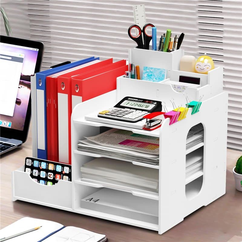 Cinnani Organisateur de Bureau Multifonctionnel - Boîte de Rangement, Étagère de Dossiers et Porte-Documents - Compartiment en P