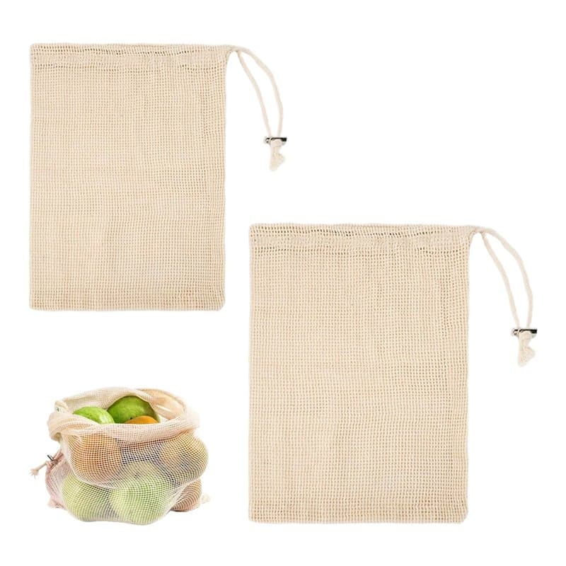 Lot de 2 sacs en maille de coton, sacs de cuisine pour fruits, haricots, sacs à cordon réutilisables, sacs de rangement en maill