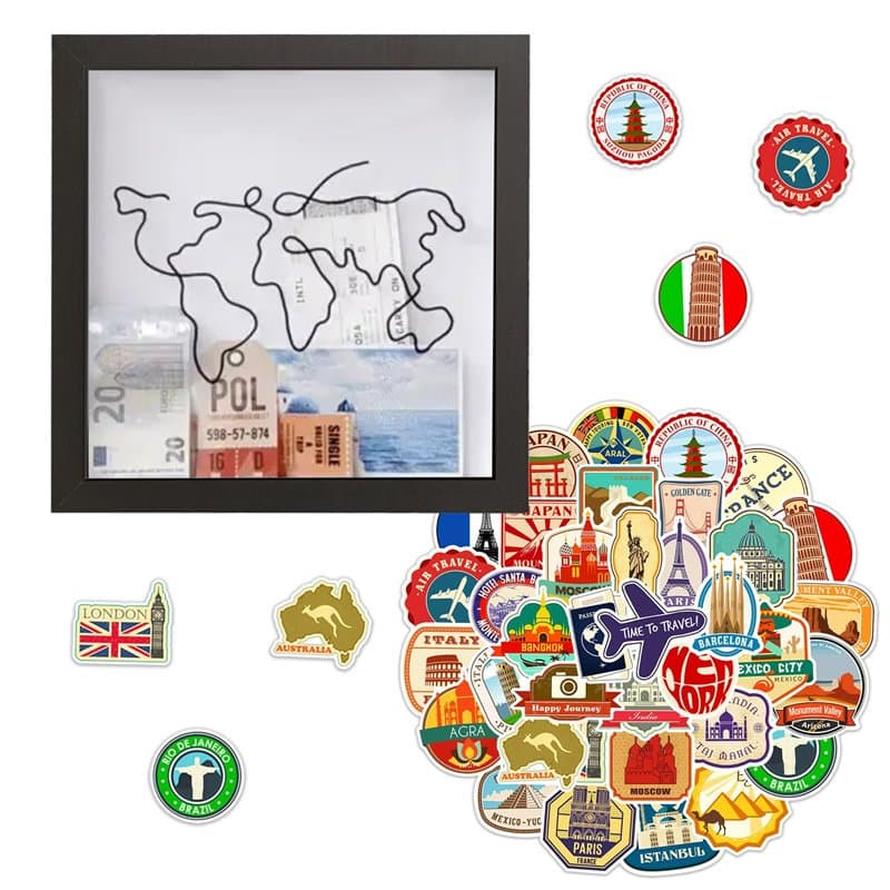 1 tirelire, 50 autocollants pour cartes, carte postale de voyage, boîte de rangement pour timbres, boîte à billets pour cadre ph