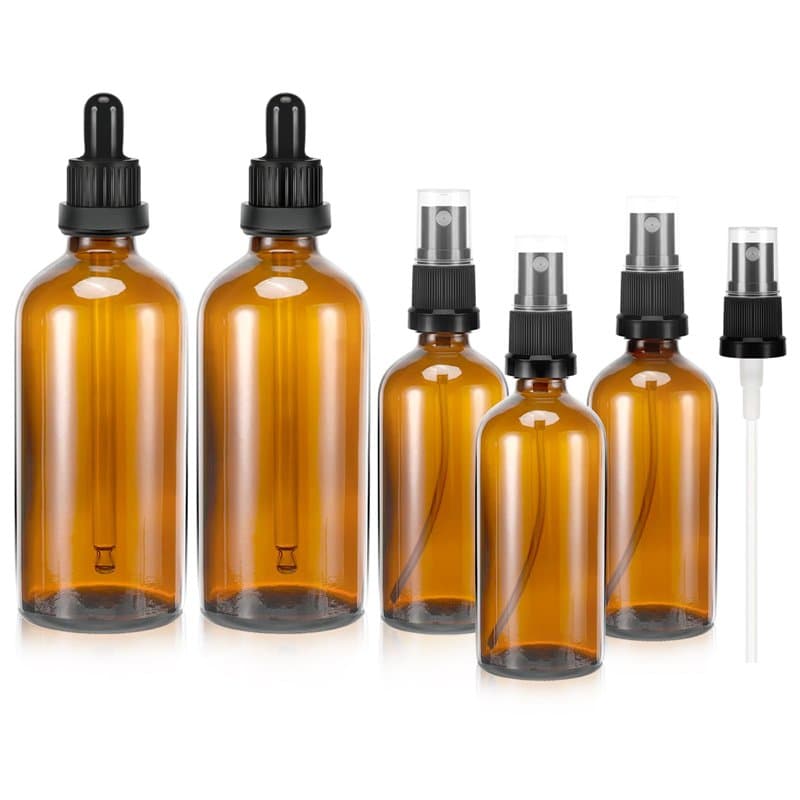 Zikenis Lot de 5 flacons pulvérisateurs marron, 2 x 100 ml, 3 x 50 ml avec protection UV, compte-gouttes et pointes de pulvérisa