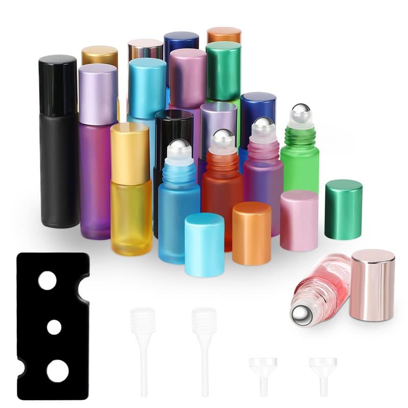 Zikenis 18 Pièces Flacon Roll on en Verre, Couleur Roll On Bouteilles en Verre 10ml 5ml, avec Rouleau en Acier Inoxydable Décaps