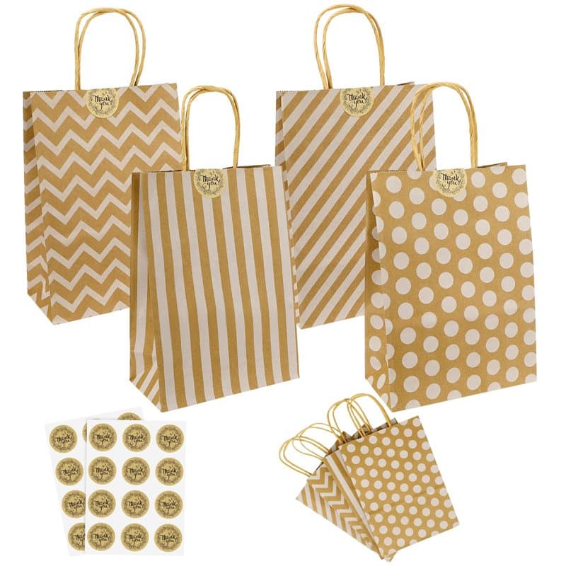 Farerkass Sac Kraft, 24 Petit Sacs en Papier avec Poignées, Sacs Marrons Motif Blanc Cabas en Papier Kraft avec Poignées, 16x 22