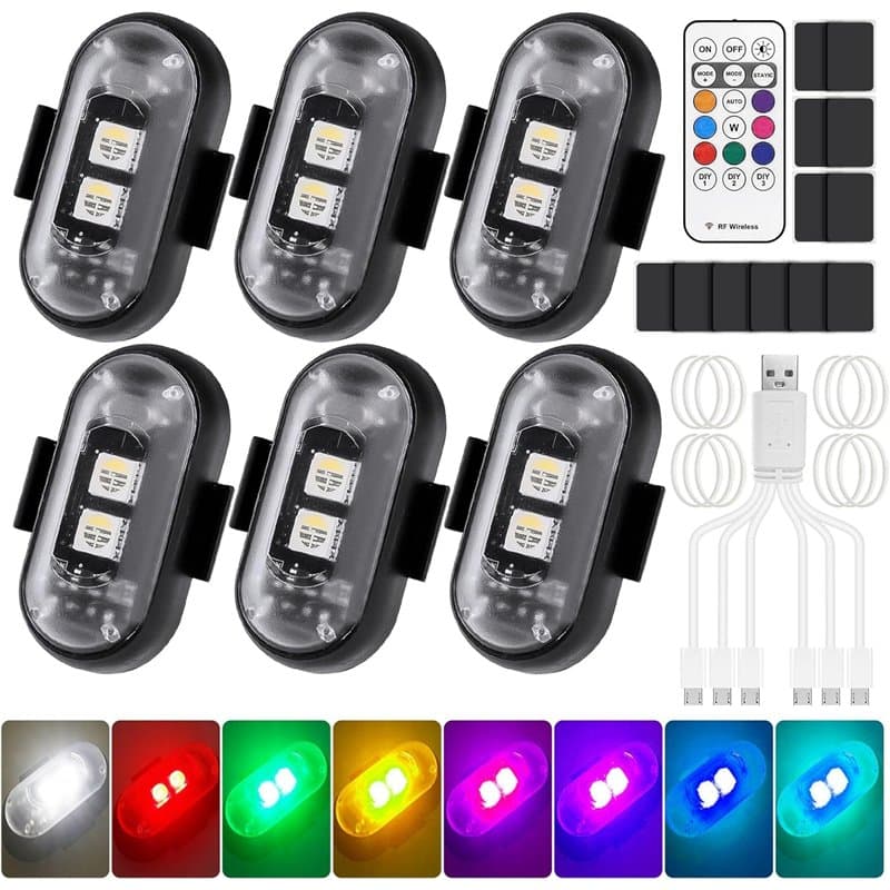 Pavlleen Lot de 6 Lumières Stroboscopiques pour Drone, 8 Couleurs, étanches, Anti-Collision, avec télécommande, Stroboscope pour