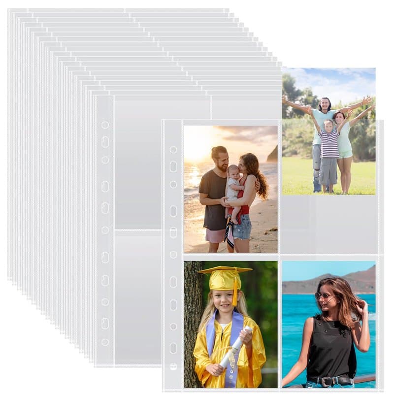 Pack de 50 Housses A4 pour Photos avec 400 Compartiments pour Classeurs 2/3/4 Anneaux, pochette plastique carte avec 4 Compartim