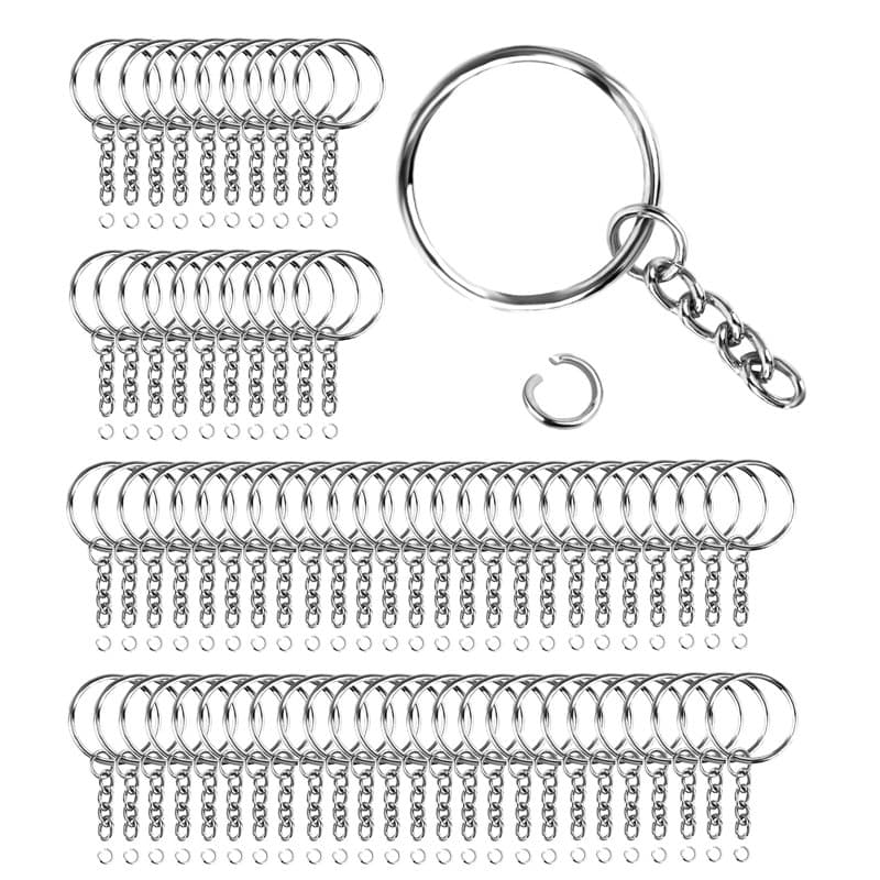 Lot de 70 porte-clés de 25 mm avec chaîne - Anneau fendu DIY - Kit de bricolage - Pour travaux manuels, fabrication de bijoux -
