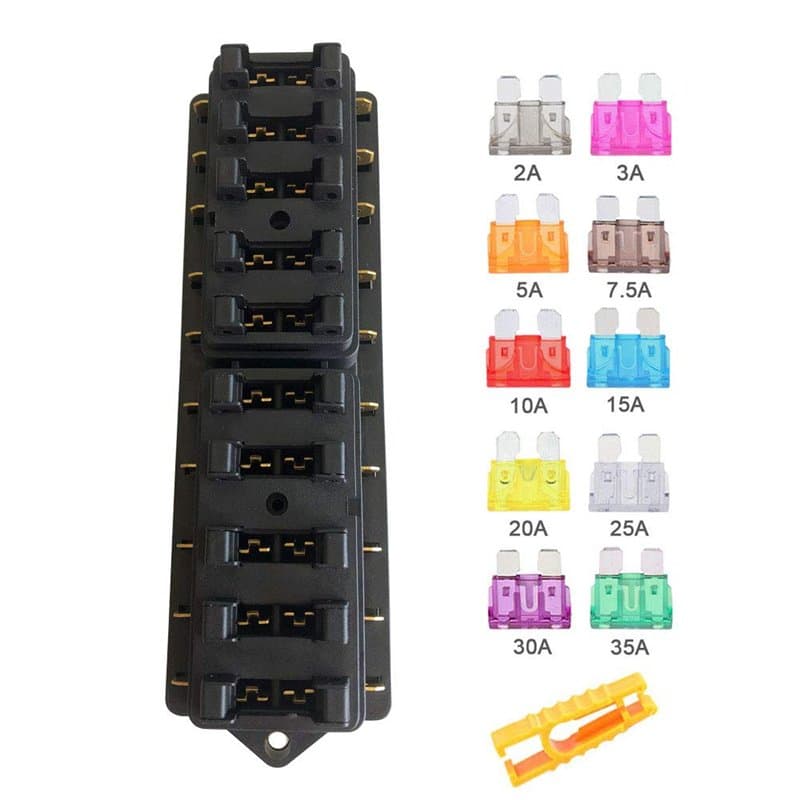 Aiqeer 10 Voies Boîte à Fusibles de Voiture, 12V / 24V / 32V / 48V Porte-Fusible à Lame Standard Universel, avec Couverture Étan